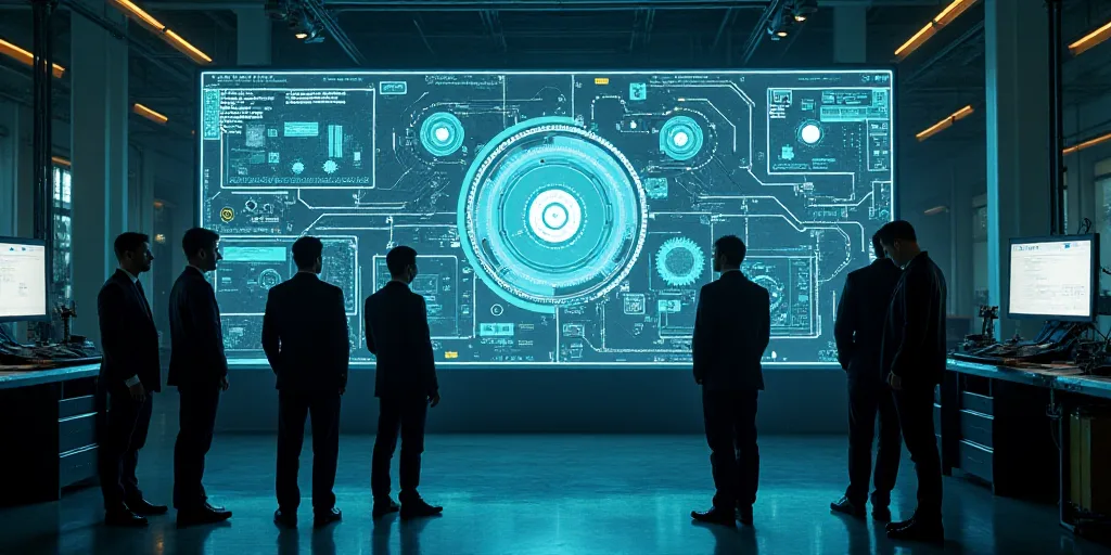 a group of men standing around a machine in a factory with a large screen showing a machine with gea