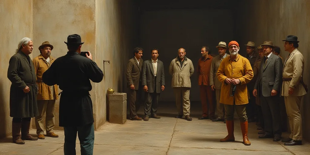 a group of men standing around a water dispenser in a building with a man taking a picture, Ceferí