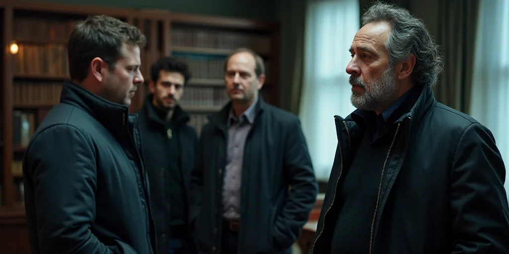 a group of men standing around each other in a room with a bookcase in the background and a man in a