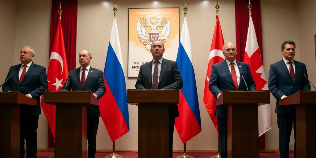 a group of men standing at podiums with flags behind them in front of a wall with a banner, Boris Vl