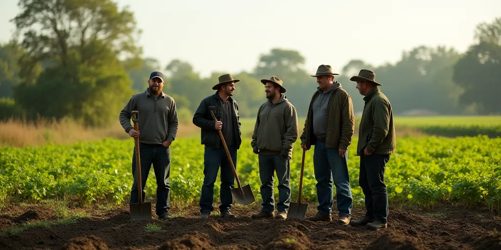 a group of men standing in a field with a shovel and a shovel in hand, and a row of young plants, De