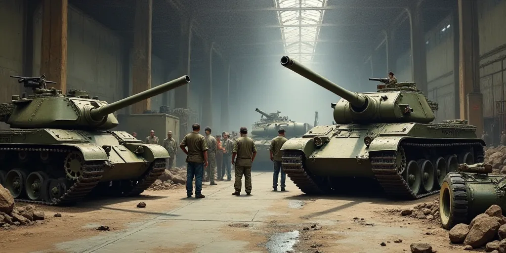 a group of men standing next to tanks in a warehouse with workers standing around them and a large t