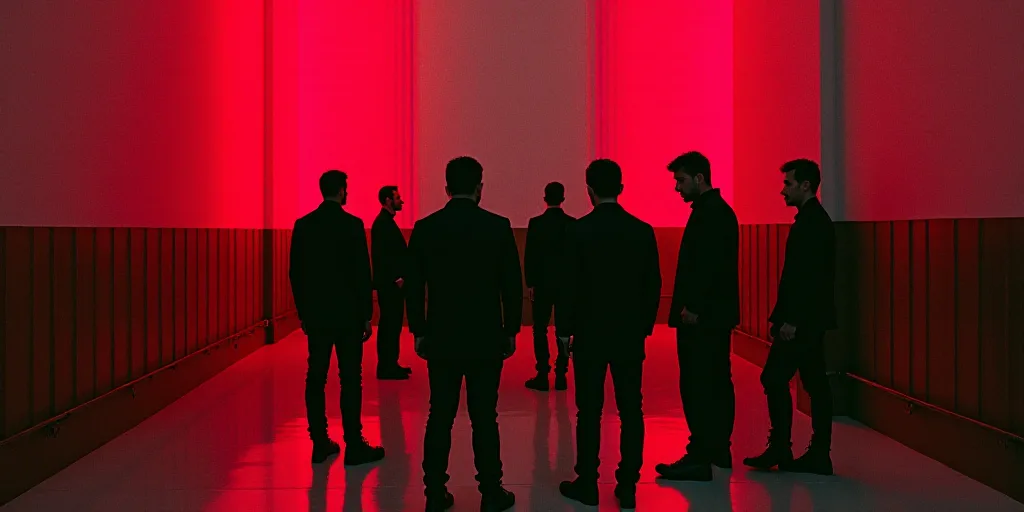 a group of men standing next to each other in a room with red and black walls and a red and white fe