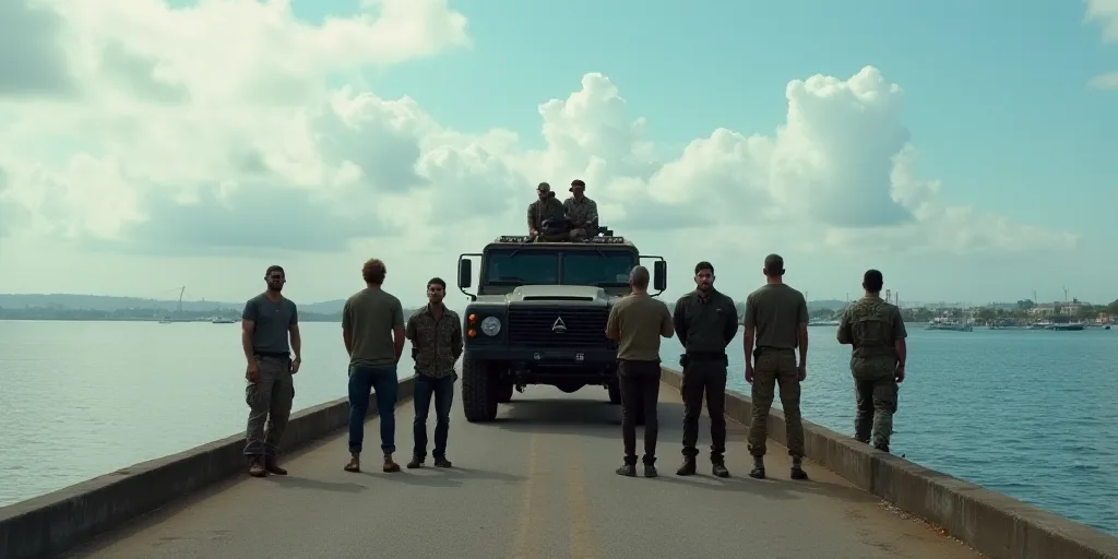 a group of men standing next to a military vehicle on a bridge over water with a sky background and
