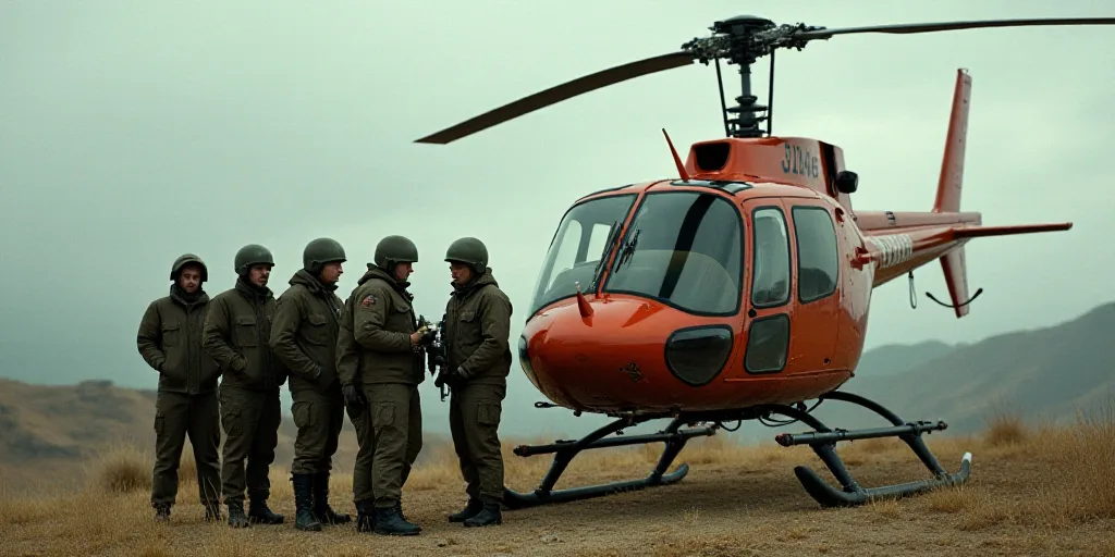 a group of men standing next to a helicopter and a helicopter with a man in a helmet standing next t