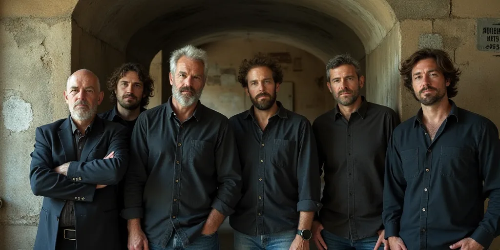 a group of men standing next to each other in a building with a sign on it's side, Antonie Palamedes