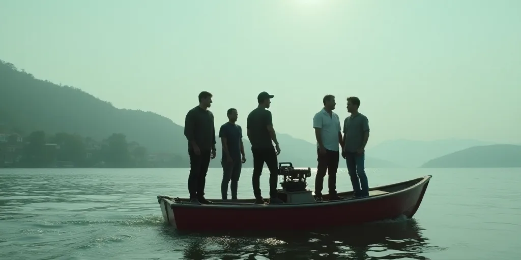 a group of men standing next to a boat on a body of water with a camera on top of it, Estuardo Maldo