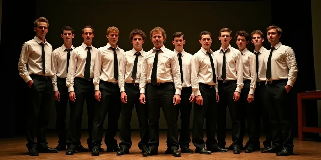 a group of men standing on top of a stage wearing ties and white shirts and black pants and black pa