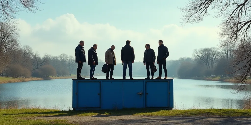 a group of men standing on top of a blue and white sign in a park next to a lake, Eduardo Lefebvre S
