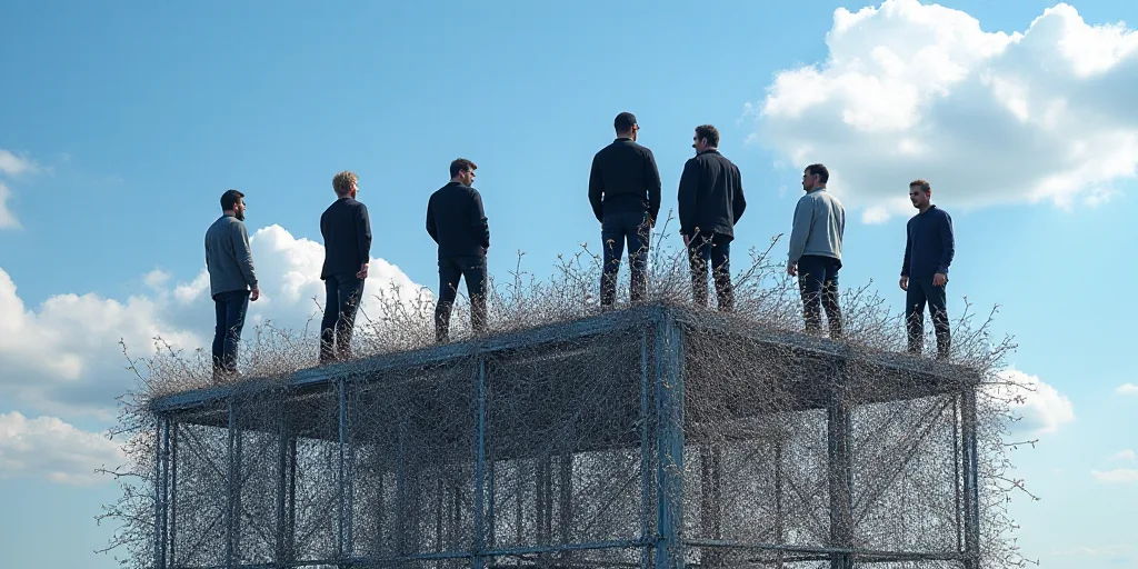 a group of men standing on top of a metal structure under a blue sky with clouds in the background,