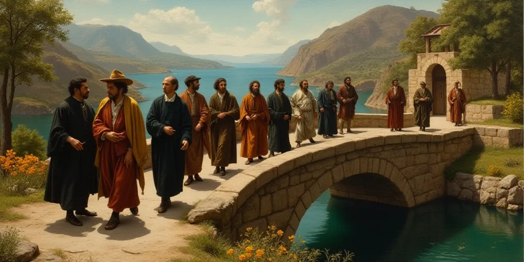 a group of men walking across a bridge next to a body of water with a man in a suit, Estuardo Maldon