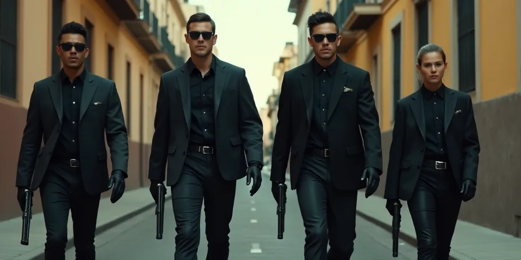 a group of men walking down a street next to each other with guns in their hands and wearing black,
