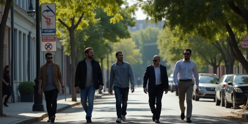 a group of men walking down a street next to a tree and building with a sign on it that says no one
