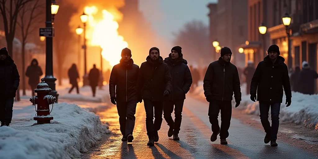 a group of men walking down a street next to a fire hydrant with a fire in the background, Eddie Men