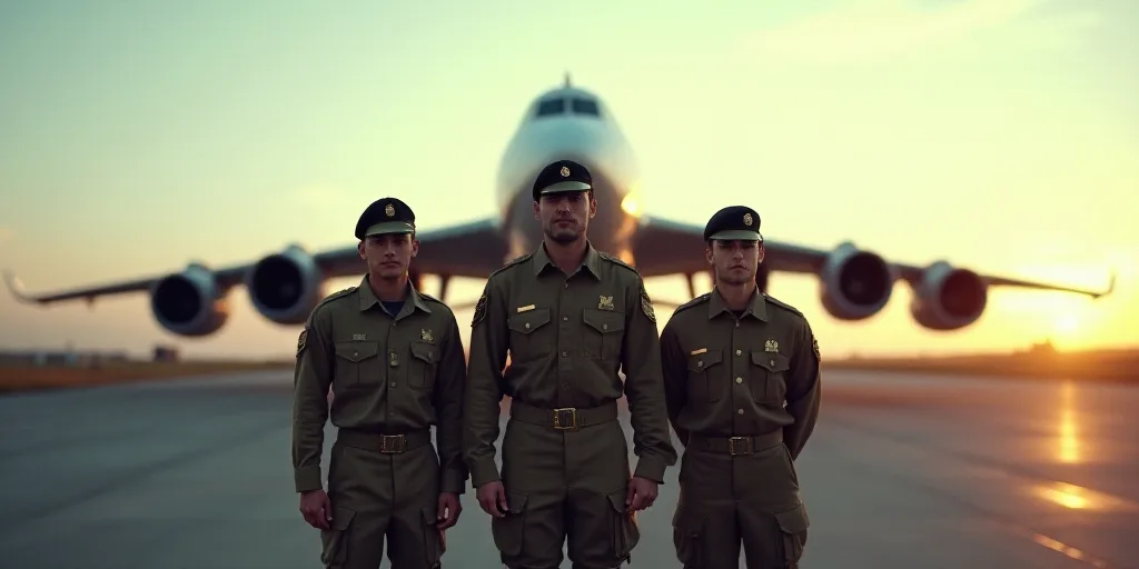 a group of military men standing in front of a plane on a runway with a group of men in uniform, Car