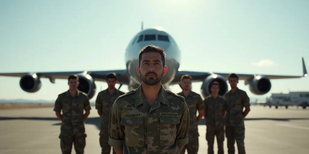a group of military men standing in front of a plane on a runway with a group of men in uniform, Car