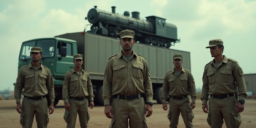 a group of military men standing in front of a building with a train on top of it and a truck behind