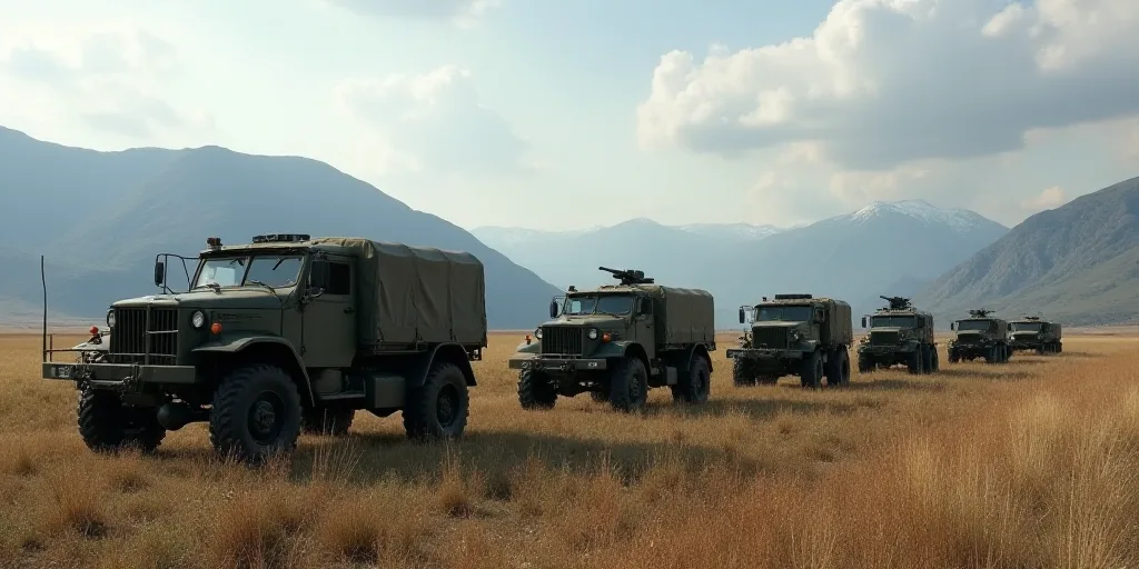 a group of military vehicles parked in a field with mountains in the background and a sky background