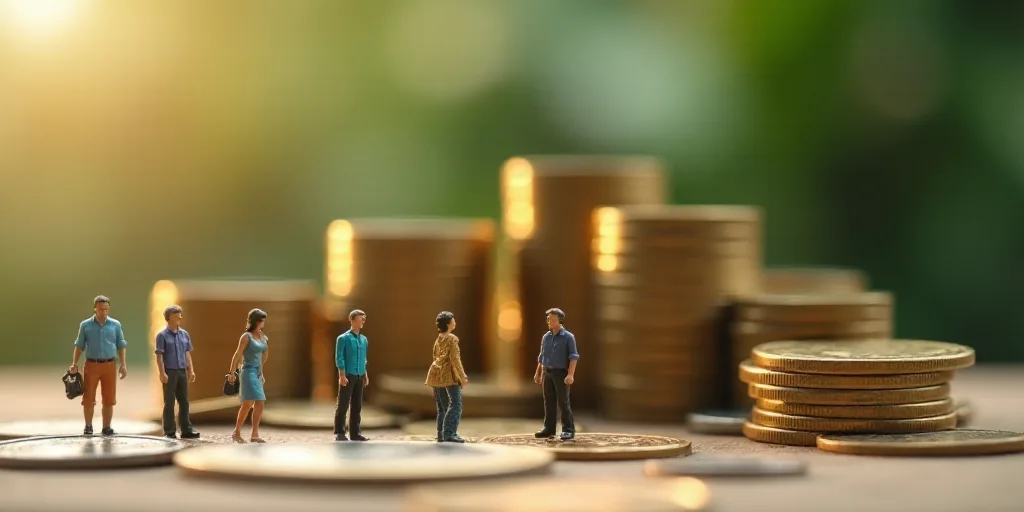 a group of miniature people standing next to each other in front of stacks of coins and stacks of co