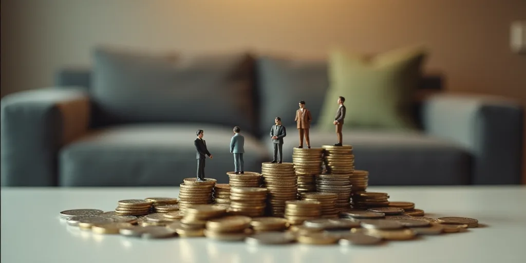 a group of miniature people standing on top of a pile of coins on a table next to a couch, Edi Rama,