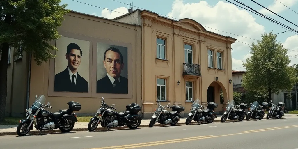a group of motorcycles parked on the side of a road next to a building with a poster of a man on it,