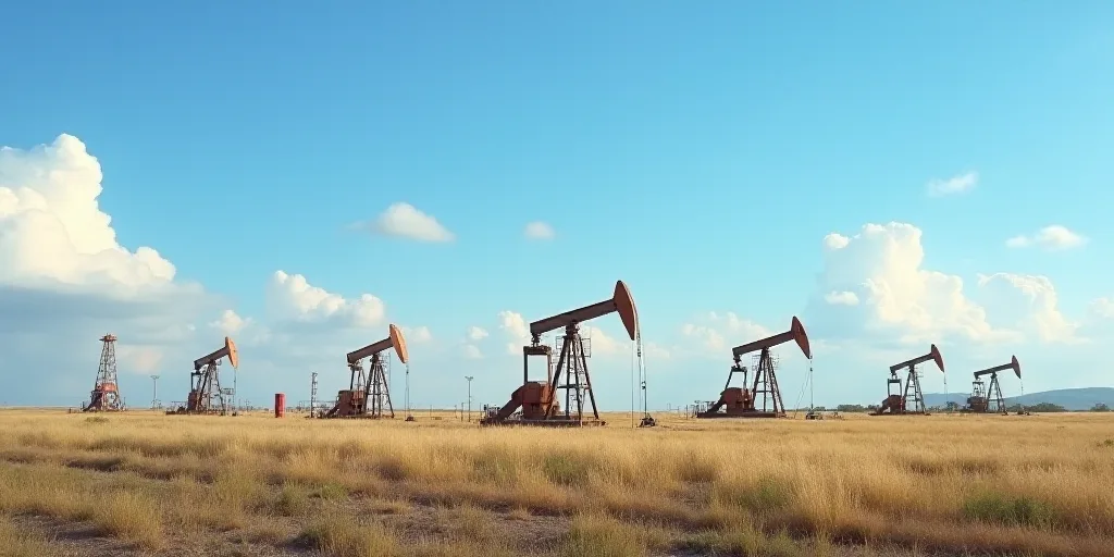 a group of oil pumps sitting on top of a field under a blue sky with clouds in the background, Dahlo