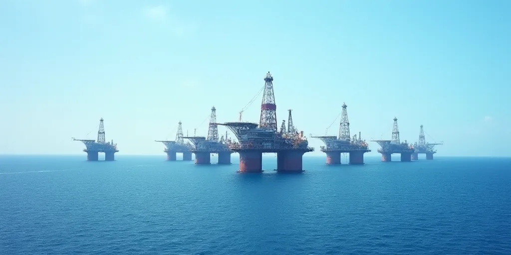 a group of oil rigs in the middle of the ocean with a sky background and a blue sky, Andreas Gursky,
