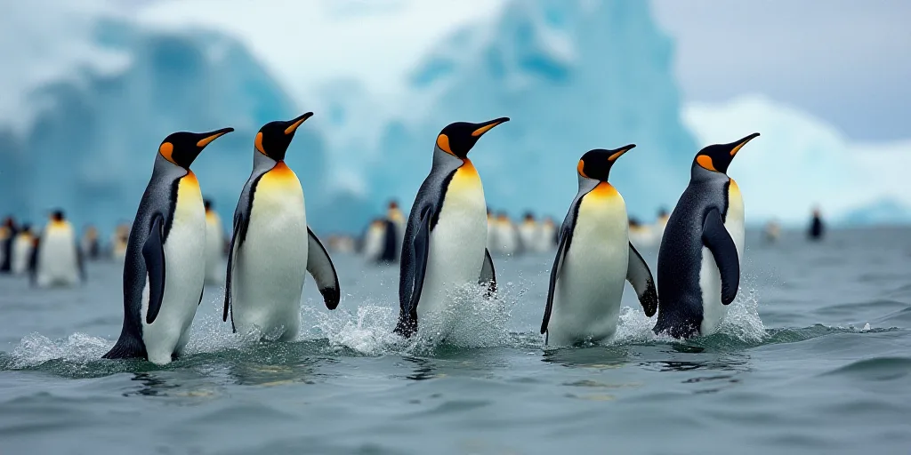 a group of penguins are jumping out of the water into the ocean together, with penguins in the backg