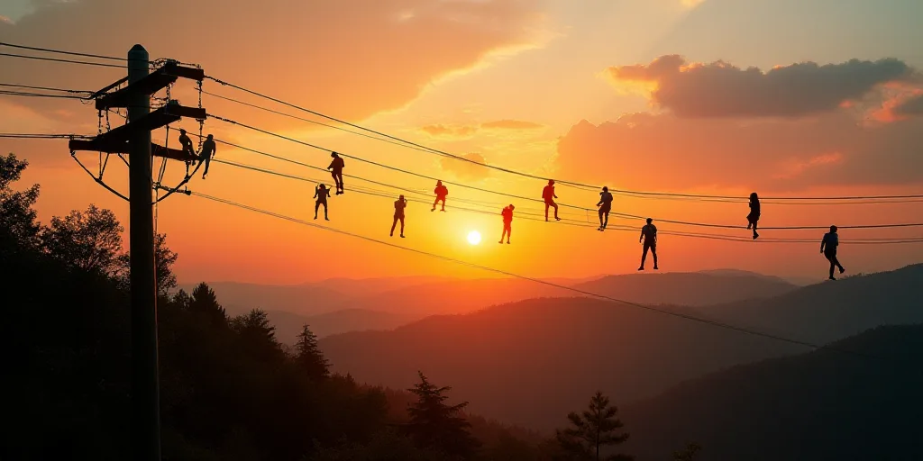 a group of people climbing up a high wire in the sky above a forest at sunset or dawn with the sun s
