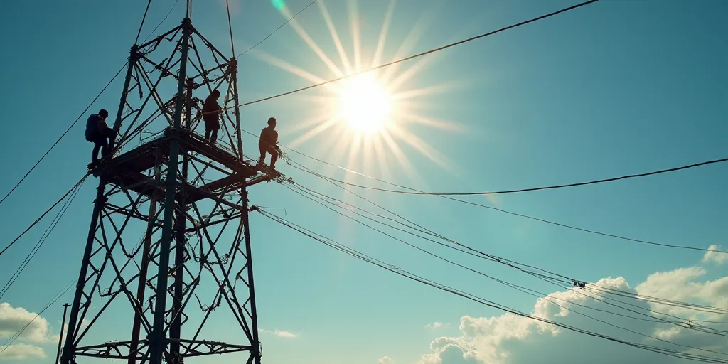 a group of people climbing up a metal structure with a sun in the background and a blue sky in the b