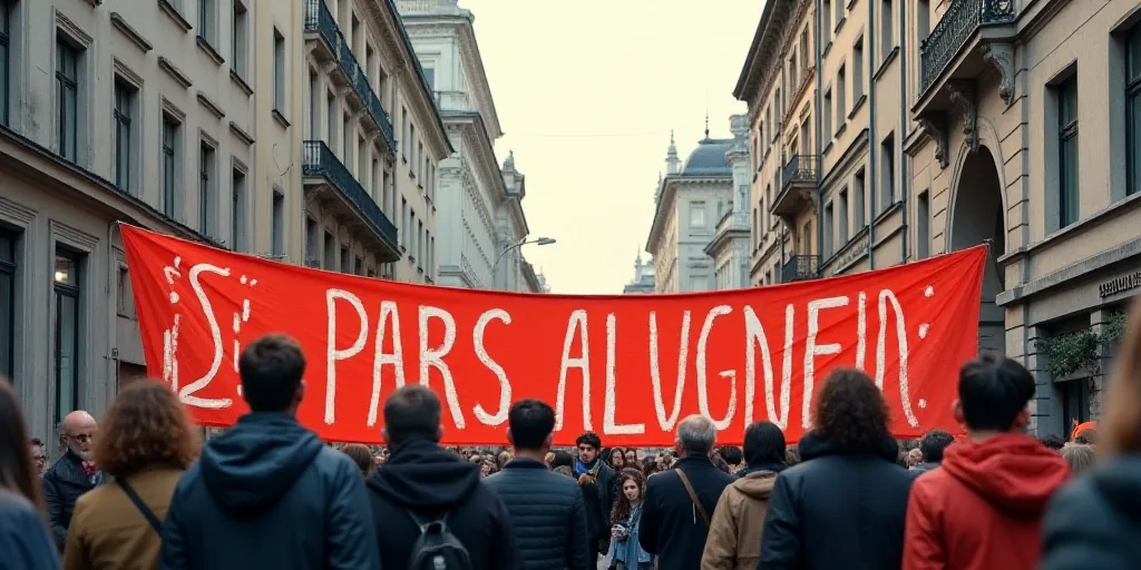 a group of people holding a banner with a message on it in a city street with tall buildings in the