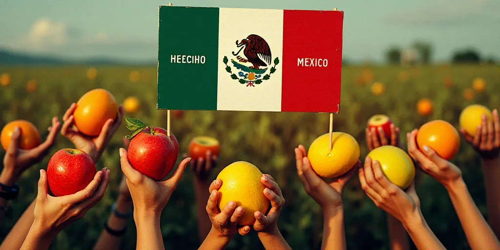 a group of people holding a bunch of fruit in their hands and a sign that says hecho en mexico, Eddi