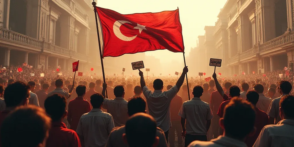 a group of people holding a flag in a crowd of people standing around each other and holding signs i