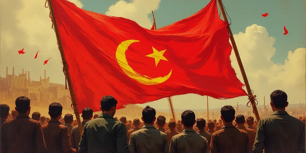a group of people holding a red banner with a flag on it and a flag in the middle of the banner, Car