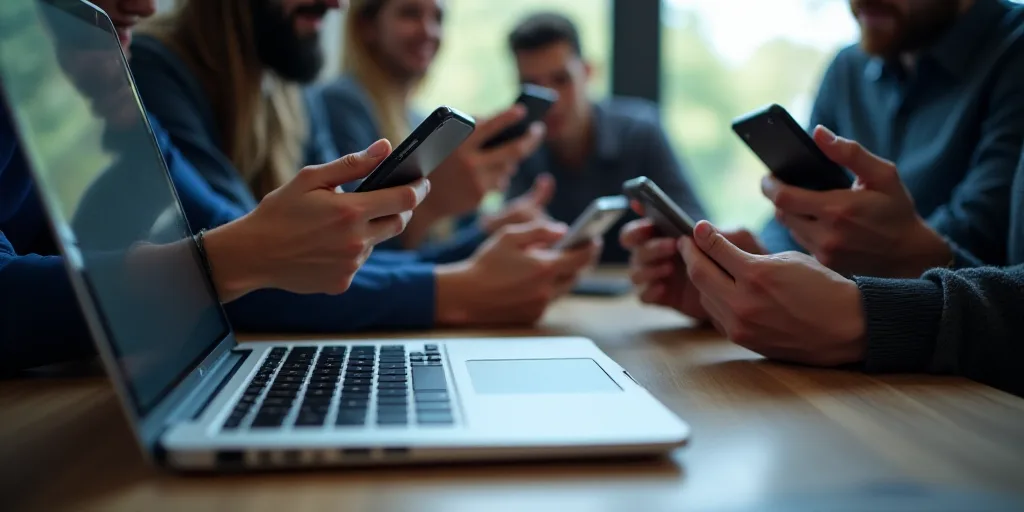 a group of people holding cell phones next to a laptop computer on a desk with a laptop on it, Andri