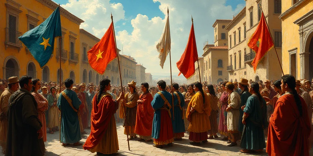 a group of people holding flags and banners in a crowd of people standing in a street with buildings