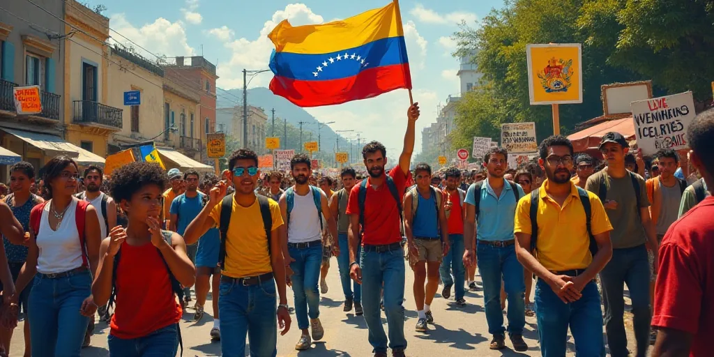 a group of people holding signs and flags in a street with a man holding a flag and a picture of ven