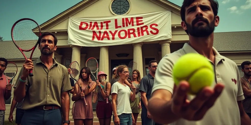 a group of people holding tennis balls and tennis rackets in front of a building with a banner and a