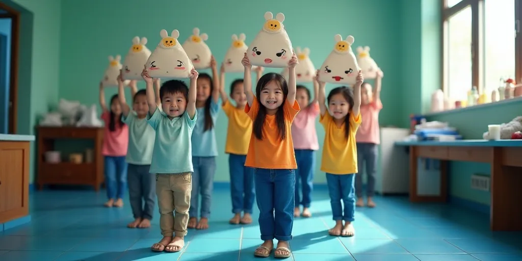 a group of people holding up bags with cartoon characters on them in a room with blue tiles on the f