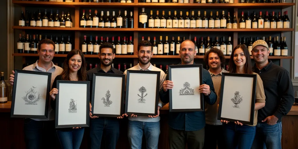 a group of people holding up framed pictures in front of a wall of bottles and wine bottles in a win