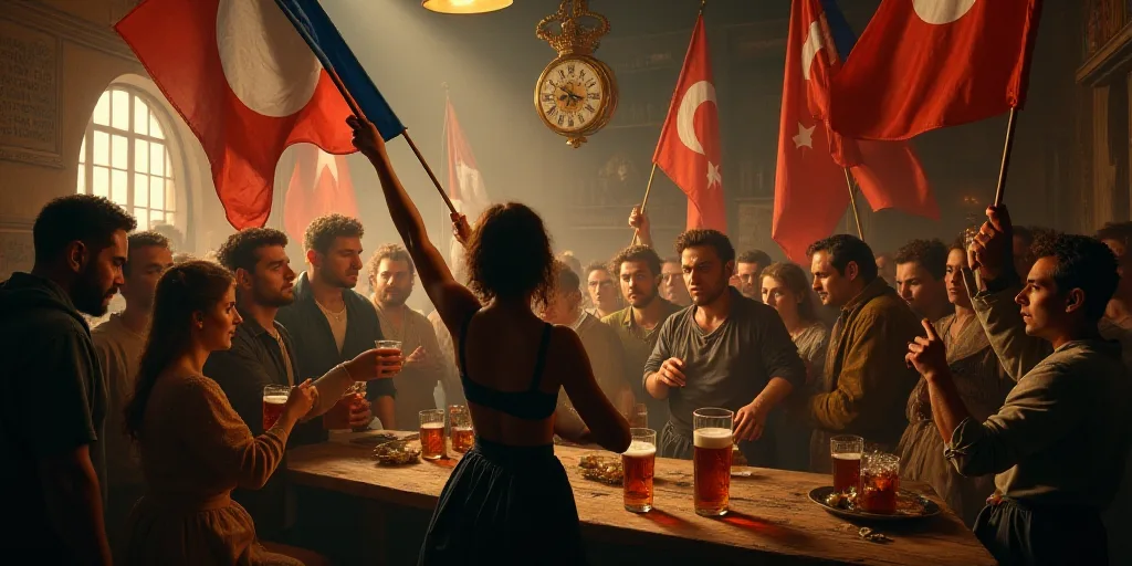 a group of people holding up flags and beers in a bar with a woman holding a flag in the foreground,