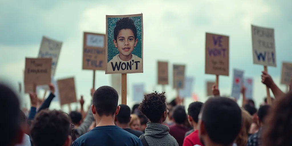 a group of people holding up signs in the air with a picture of a child on it and a sign that says w