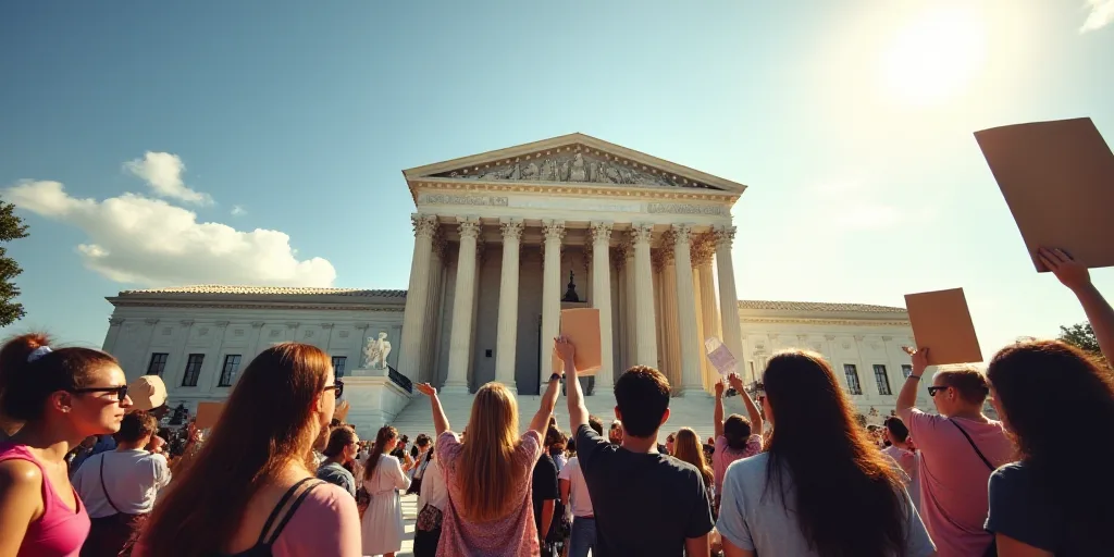 a group of people holding up signs in front of the supreme building in washington, dc, on a sunny da