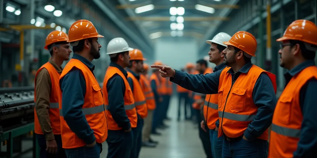 a group of people in a factory with a machine and some people in safety vests and hats and one man p