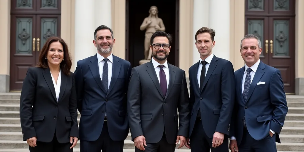a group of people in formal attire standing in front of a building with a statue in the background a