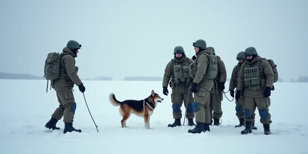 a group of people in military gear are on the snow with a dog in the snow, and one person is on the