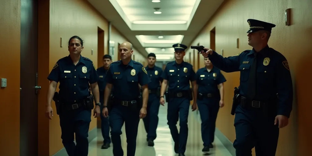 a group of people in police uniforms walking down a hallway together with a man pointing at them wit