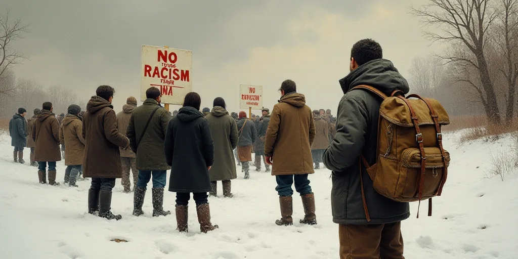 a group of people in the snow with a man in a backpack and a sign that says no to racism, Charles Fr