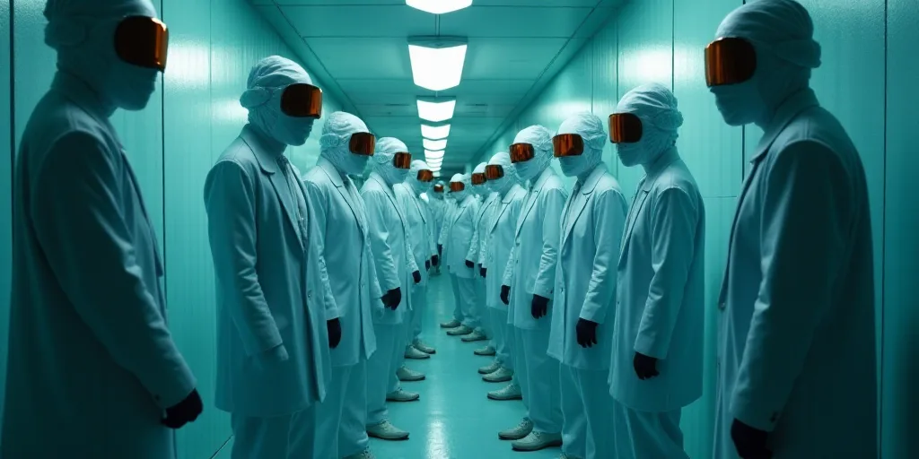 a group of people in white and blue suits and masks standing in a hallway with a mirror behind them,