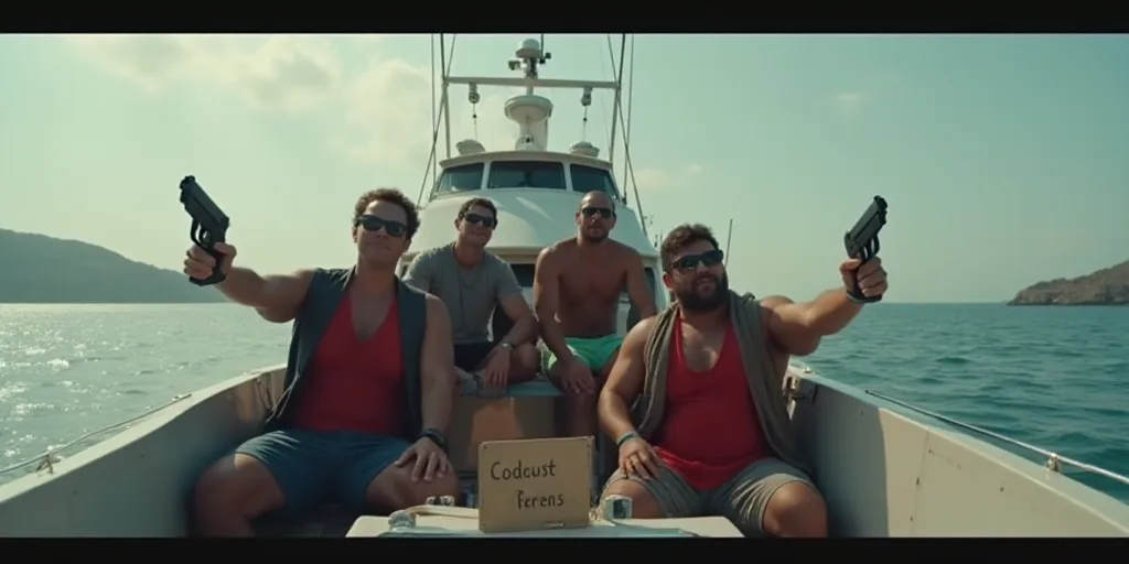 a group of people on a boat with guns in their hands and a sign that says unclasssed, Felix-Kelly, c